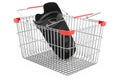Shopping basket with camera lens, 3D rendering Royalty Free Stock Photo