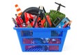 Shopping basket with car tools, equipment and accessories. 3D re Royalty Free Stock Photo