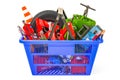 Shopping basket with car tools, equipment and accessories. 3D re Royalty Free Stock Photo