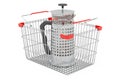 Shopping basket with coffee plunger, press pot. 3D rendering