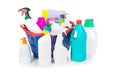 Shopping basket with detergent bottles and chemical cleaning sup Royalty Free Stock Photo