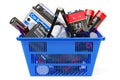 Shopping basket with different batteries. 3D rendering