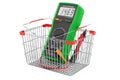 Shopping basket with digital multimeter. 3D rendering Royalty Free Stock Photo