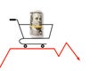 Shopping basket with dollars money on red arrow. Economic crisis, inflation and commodity prices Royalty Free Stock Photo