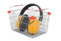 Shopping basket with ear defenders, 3D rendering