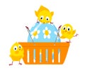 Shopping basket with easter egg and chicks, vector Royalty Free Stock Photo