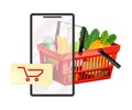 Shopping Basket with Food and Smartphone Screen as Online Shop Delivery Vector Illustration Royalty Free Stock Photo