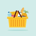 Shopping basket with foods. Flat vector illustration.