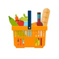 Shopping basket with foods. Healthy organic fresh and natural food. Grocery delivery concept. Flat vector icon. Royalty Free Stock Photo