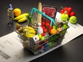 Shopping basket with foods on receipt. Grocery expenses budget, inflation and consumerism concept