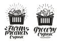Shopping basket with fresh food. Grocery or farm products, label. Handwritten lettering, calligraphy vector illustration