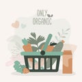 Shopping basket full of assorted organic food. Different eco products. Buy healthy food from groceries