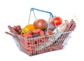Shopping basket full of food including fresh of tasty delicious