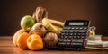 A shopping basket full of groceries with a calculator next to it, symbolizing budget grocery shopping, concept of Royalty Free Stock Photo