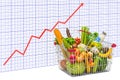 Shopping basket full of grocery products with growing chart, 3D rendering