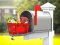 Shopping basket full of grocery products in mailbox. Online food ordering and delivery service concept Royalty Free Stock Photo