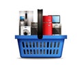 Shopping basket full of kitchen household appliances like freezer, wash machine, tv, dishwasher, gas and induction stove