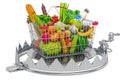 Shopping basket full of products inside bear trap. 3D rendering
