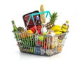 Shopping basket full of variety of grocery products, food and drink isolated on white background Royalty Free Stock Photo