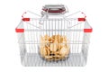 Shopping basket with glass jar full of golden coins, 3D rendering