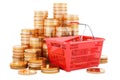 Shopping basket with golden coins, 3D rendering