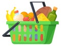 Shopping basket with groceries. Cartoon supermarket purchase icon