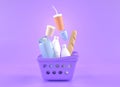 Shopping basket with grocery isolated on purple background. Full carry with food goods, milk, bread and drink, 3d render