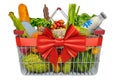 Shopping basket with grocery products, fruits and vegetables. 3D rendering Royalty Free Stock Photo