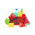 Shopping basket with grocery products, full of healthy groceries product