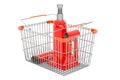 Shopping basket with hydraulic bottle jack, 3D rendering Royalty Free Stock Photo