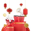 Shopping basket and megaphone with red lanterns, online sale and holiday Royalty Free Stock Photo