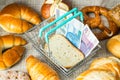 Shopping basket with Polish money and a slice of dry bread, around various types of bread and cookies. The concept of inflation,