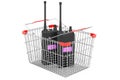 Shopping basket with portable radios walkie-talkie, 3D rendering