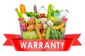 Shopping basket with products, fruits and vegetables, warranty concept. 3D rendering Royalty Free Stock Photo