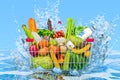 Shopping basket with products, fruits and vegetables with water splashes, 3D rendering Royalty Free Stock Photo