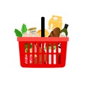 Shopping basket with products isolated on white background
