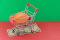 A shopping basket on a red and green background with a plastic chicken stands on a banknote. The concept of unnatural products