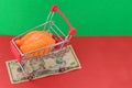 A shopping basket on a red and green background with a plastic chicken stands on a banknote. The concept of unnatural products