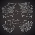 Shopping basket and Shopping cart. Empty and full. Drawing on a blackboard Royalty Free Stock Photo