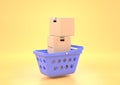 Shopping basket with stack cardboard boxes, 3d render. Purple plastic supermarket cart filled of carton package