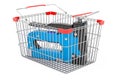 Shopping basket with staple gun, 3D rendering