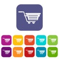 Shopping basket on wheels icons set flat Royalty Free Stock Photo