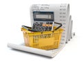 Shopping basket withcalculator on receipt isolated on white. Grocery expenses budget and consumerism