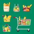Shopping baskets and bags set. Grocery plastic metal containers with wheels and handles ripe yellow bananas smoked