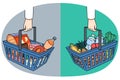 Shopping baskets with healthy and unhealthy products Royalty Free Stock Photo