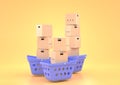 Shopping baskets with stacks cardboard boxes. Concept of goods delivery from online shop, retail store or market Royalty Free Stock Photo