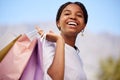 Shopping, black woman and portrait outdoor with retail bags after sale and sales promotion. Happy, smile and excited Royalty Free Stock Photo