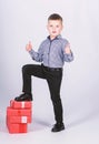 Shopping. Boxing day. New year. happy child with present box. Christmas. Birthday party. little boy with valentines day Royalty Free Stock Photo