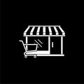 Shopping building or market store with shopping cart icon isolated on black background