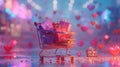 a shopping cart adorned with a pink peripheral gift box, symbolizing the anticipation and love associated with